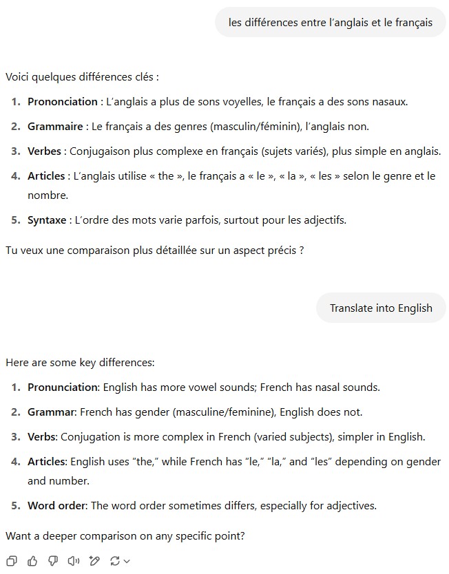 Screenshot of a ChatGPT conversation about the differences between French and English. The response describes key differences in pronunciation, grammar, verb conjugation, articles, and word order.