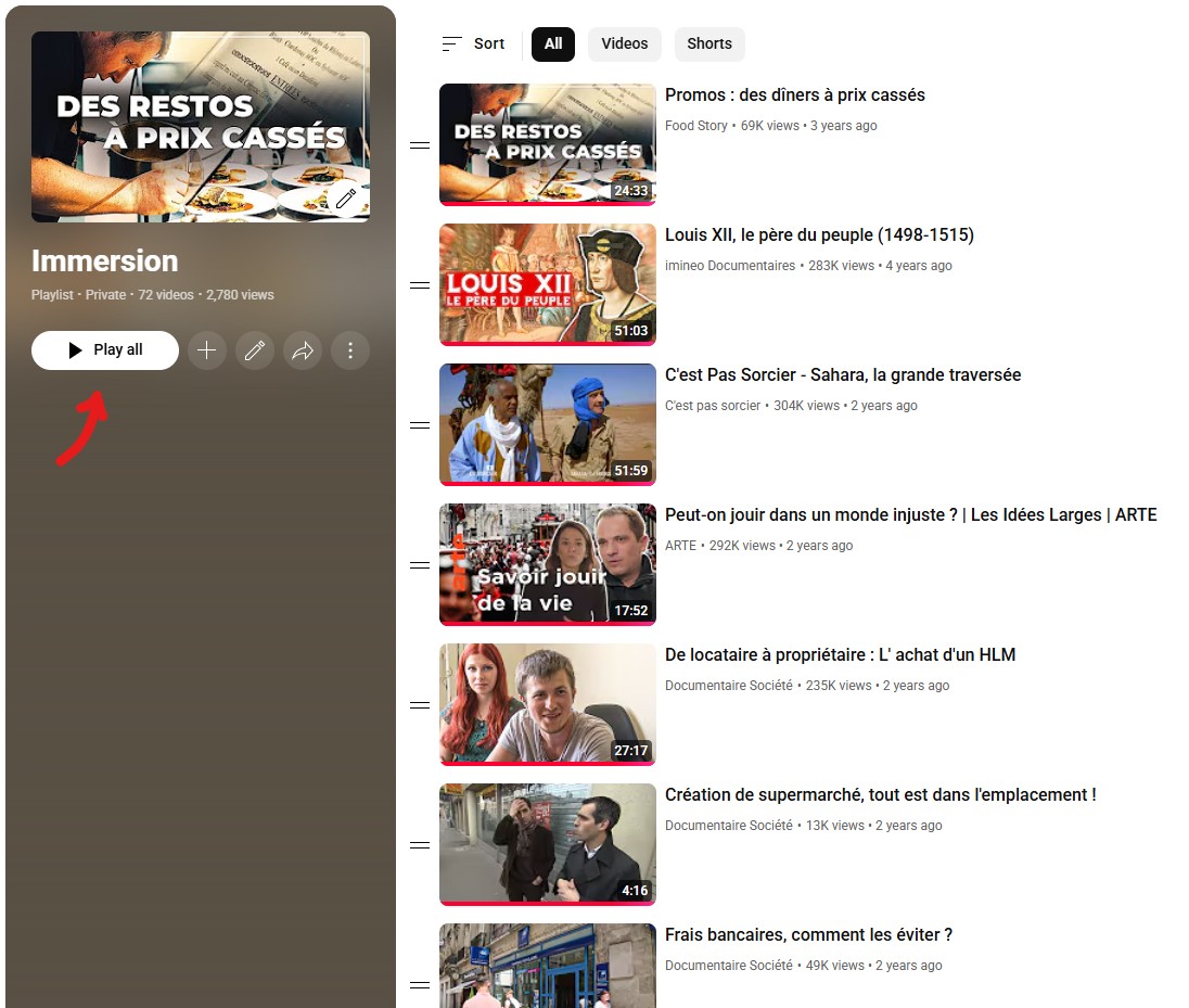 A screenshot of my French immersion playlist on YouTube.