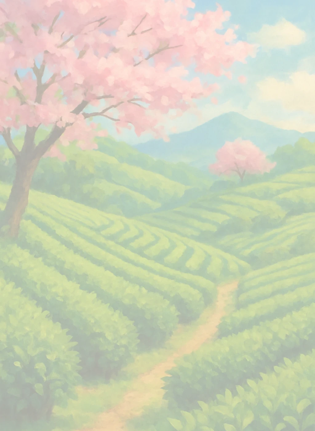 Background image representing a tea plantation with some beautiful cherry blossom trees.